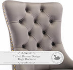 Velvet Upholstered Dining Chairs Set of 4, Modern Style Kitchen Side Chairs with Nailhead Trim and Gold Plated Leg, Metal Pulling Ring for Dining Room Living Room(Gery-Gold Plated Leg)