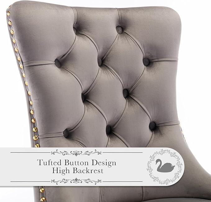 Velvet Upholstered Dining Chairs Set of 6, Modern Style Kitchen Side Chairs with Nailhead Trim and Gold Plated Leg, Metal Pulling Ring for Dining Room Living Room(Gery-Gold Plated Leg)