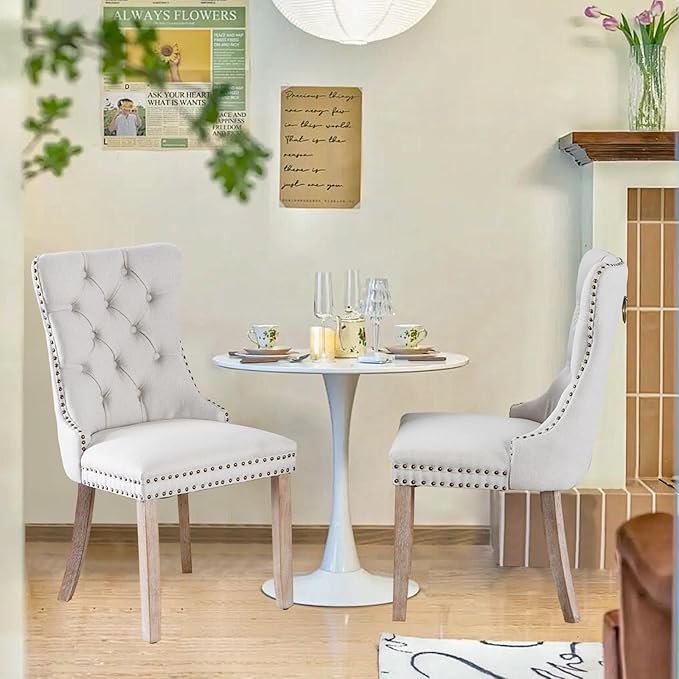 Linen Upholstered Dining Chairs Set of 2, Modern Style Kitchen Side Chairs with Nailhead Trim and Wood Leg, Metal Pulling Ring for Dining Room Living Room(Beige,Set of 2)
