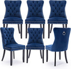 Velvet Upholstered Dining Chairs Set of 6, Modern Style Kitchen Side Chairs with Nailhead Trim and Wood Legs,Metal Pulling Ring for Dining Room Living Room(Blue,Set of 6)