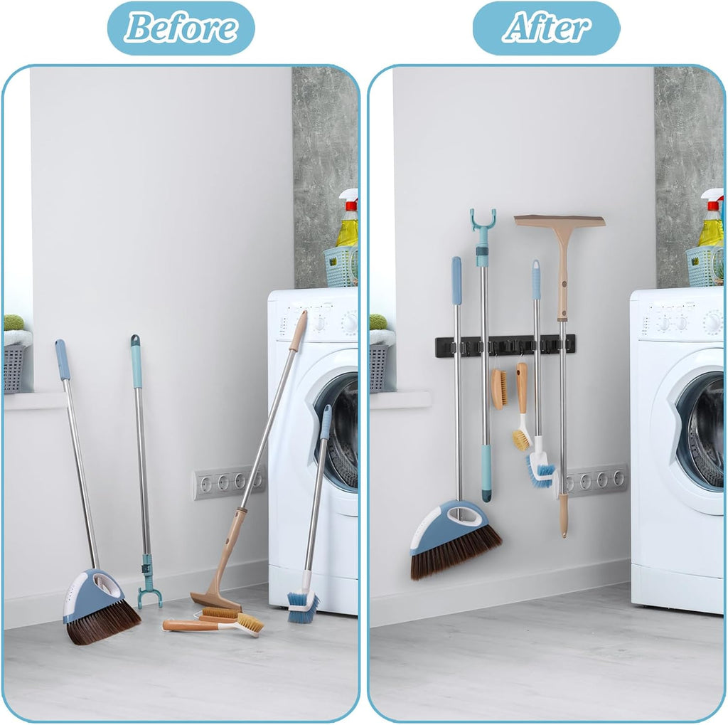 Black Broom Holder Wall Mount - Heavy Duty Wood Mop and Broom Organizer with 5 Slots & 4 Hooks - Sturdy Garden Tool Hanger for Laundry Room Closet Kitchen Garage Storage and Organization