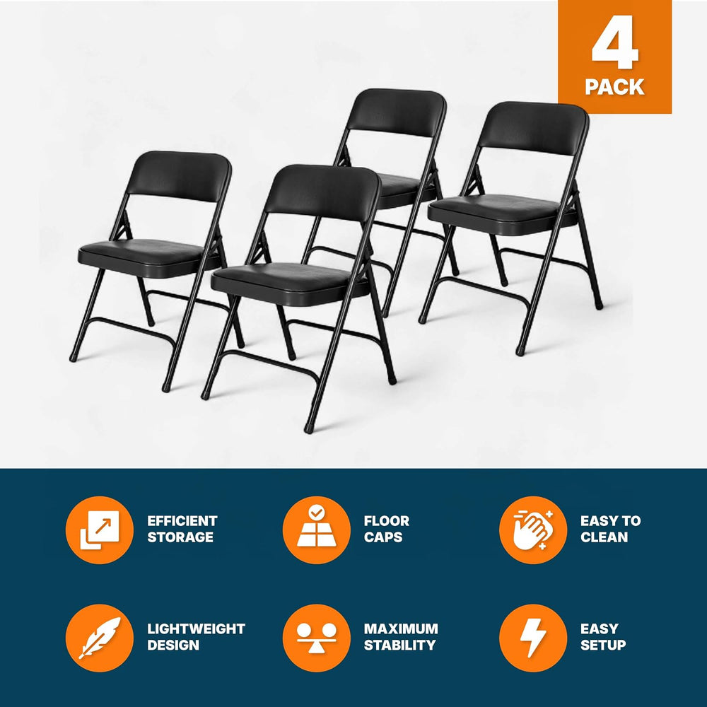 OEF Furnishings OEF1210 Vinyl Cushioned Folding Chairs with Steel Frame, Blac...