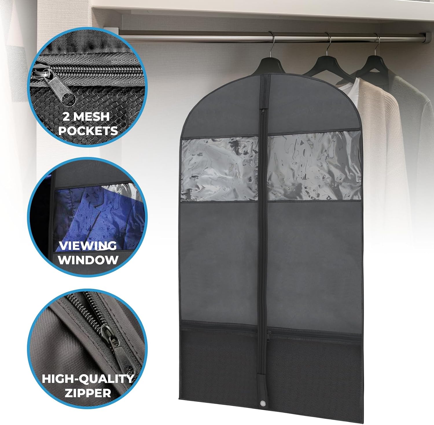 Plixio Garment Bags Suit Bag for Travel and Clothing Storage of Dresses, Dress Shirts, Coats— Includes Zipper and Transparent Window (Black - 2 Pack (No Gusset))
