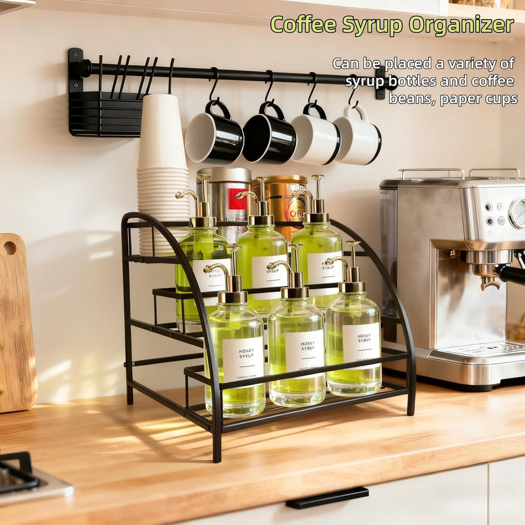 Cididu Coffee Syrup Organizer Rack, 9-12 Bottles Syrup Stand Holder for Countertop, 3 Tier Metal Small Wine Rack, Bottle Storage Shelves for Coffee Bar Station, Kitchen, Spice, Soda, Dressing