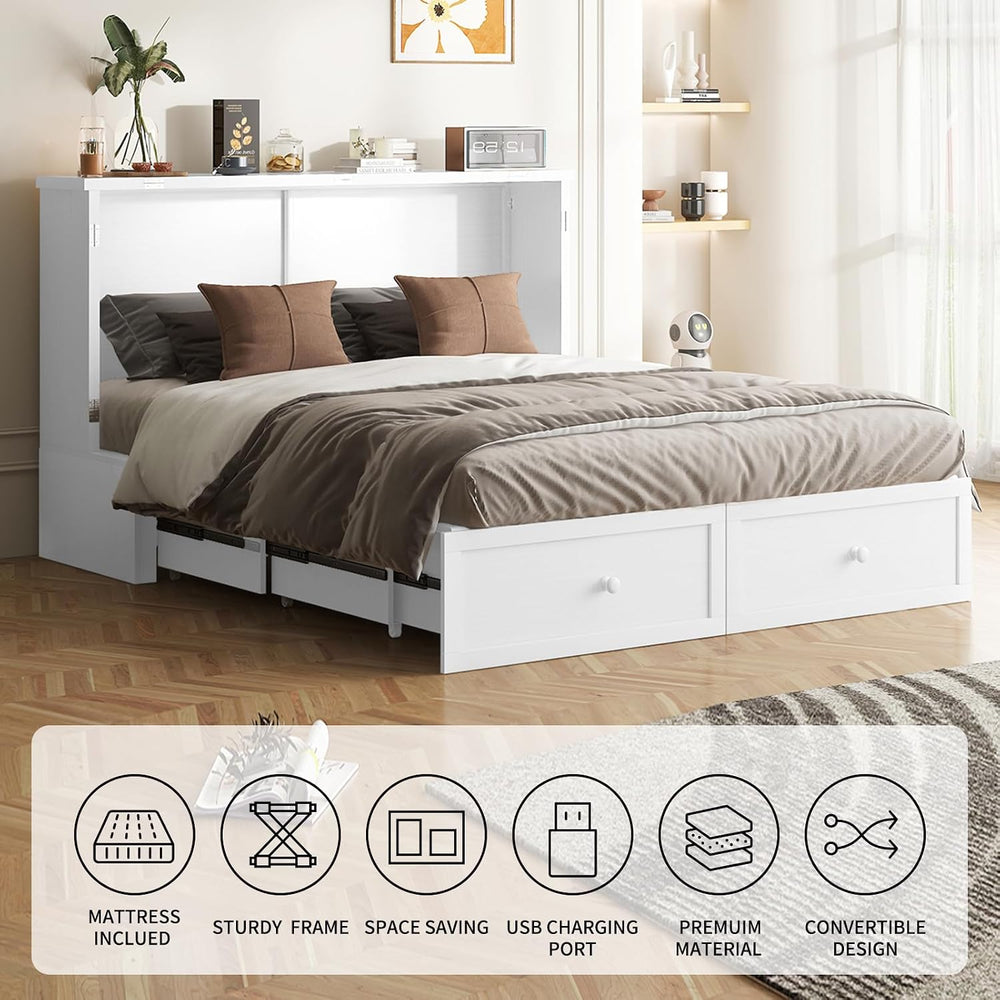 BALUS 63.3“W Murphy Bed Queen, Cabinet Bed with USB Ports & Large Storage...