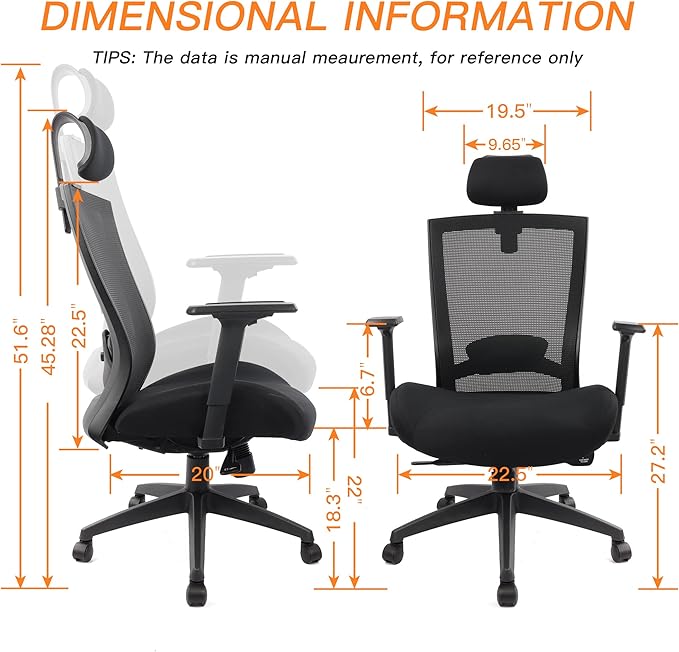 Ergonomic Office Chair for Big and Tall People, 400lb Computer Desk Chair with Adjustable 2D Headrest, Lumbar Support & Armrests, 5 Inch Thick Foam Cushion Seat, Mesh Rolling Chair for Work & Gaming