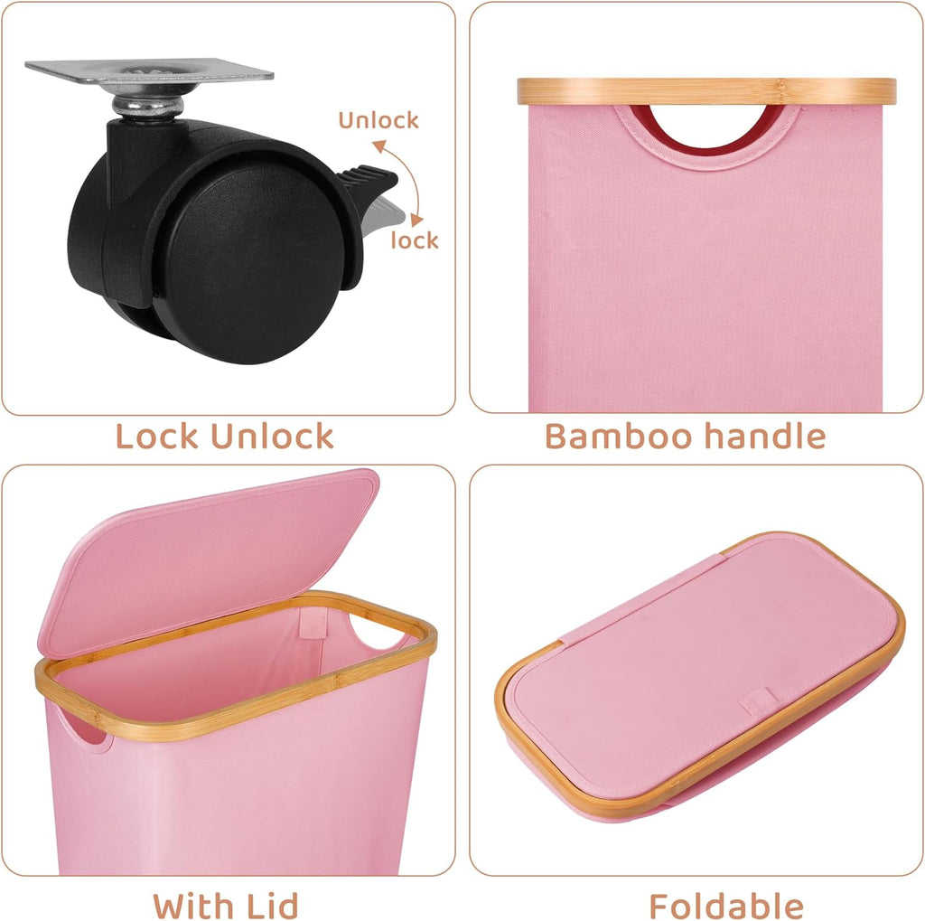 Slim Laundry Basket with Wheels,Narrow Hampers for Laundry,Freestanding Laundry Hamper with Lid&Bamboo Handles,Collapsible & Waterproof Tall Cloth Hamper for Dorm Family(60L Pink)