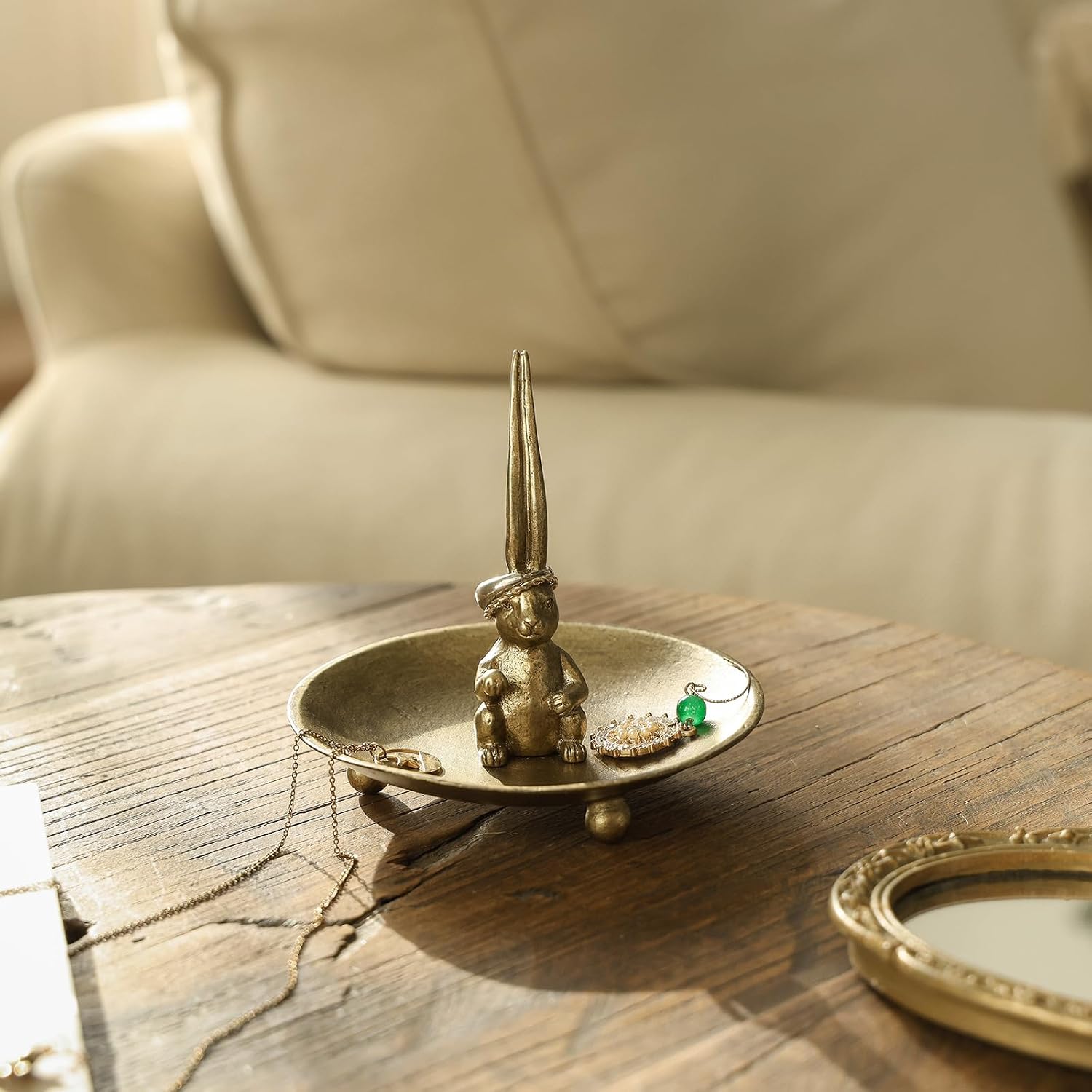 NIKKY HOME Vintage Gold Bunny Ring Holder Jewelry Dish, Easter Decor Rabbit Figurine Decorative Metal Trinket Tray Bowl, Cute Animal Vanity Dresser Accent