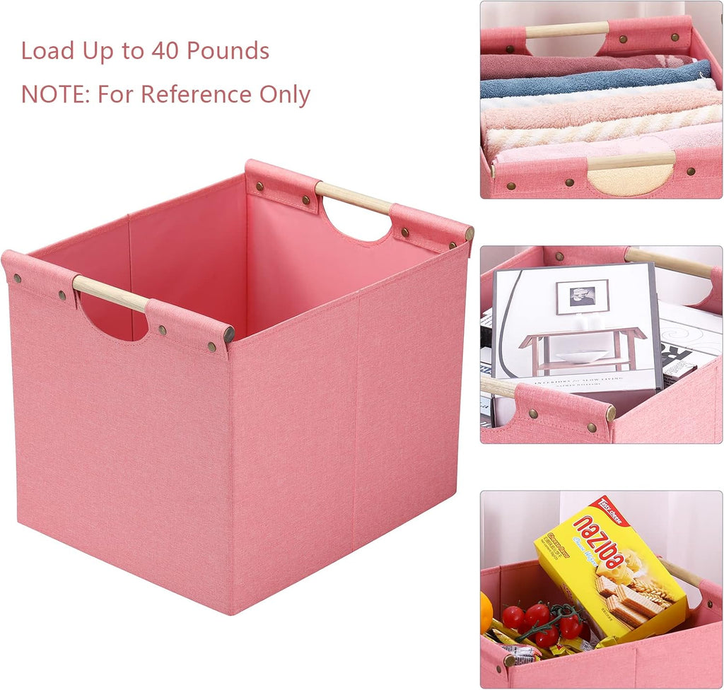HOONEX Large Foldable Storage Bins, Linen Fabric, Pack of 2, Storage Baskets with Wooden Carry Handles and Sturdy Heavy Cardboard, for Home, Office, Car, Nursery, Pink