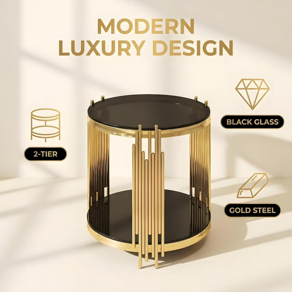 Modern End Table with Black Glass Top,Oval End Tables with Gold Legs,Living R...
