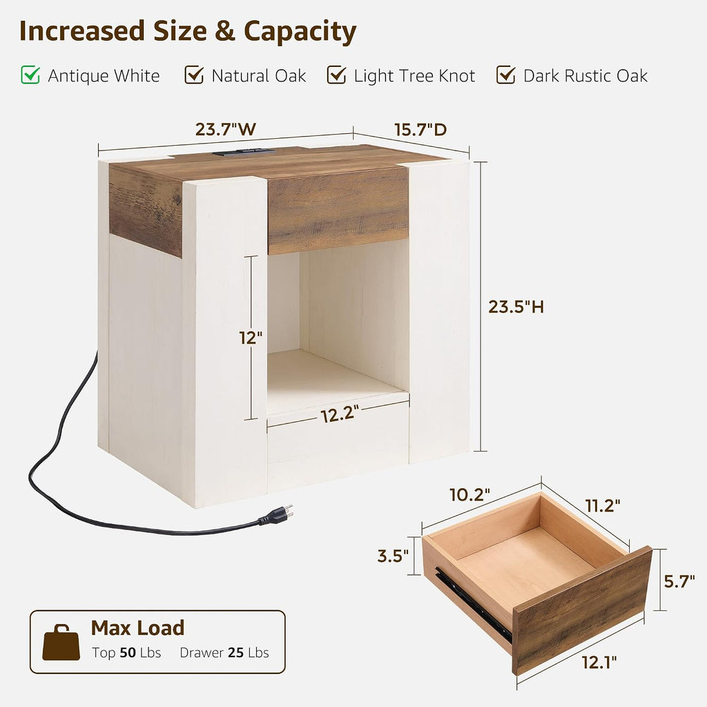 OKD 24" Wide Modern Nightstand, Wood Night Stand with Charging Station & Hidden Drawer, Side Table Bedroom with Storage Shelf, End Table, Antique White