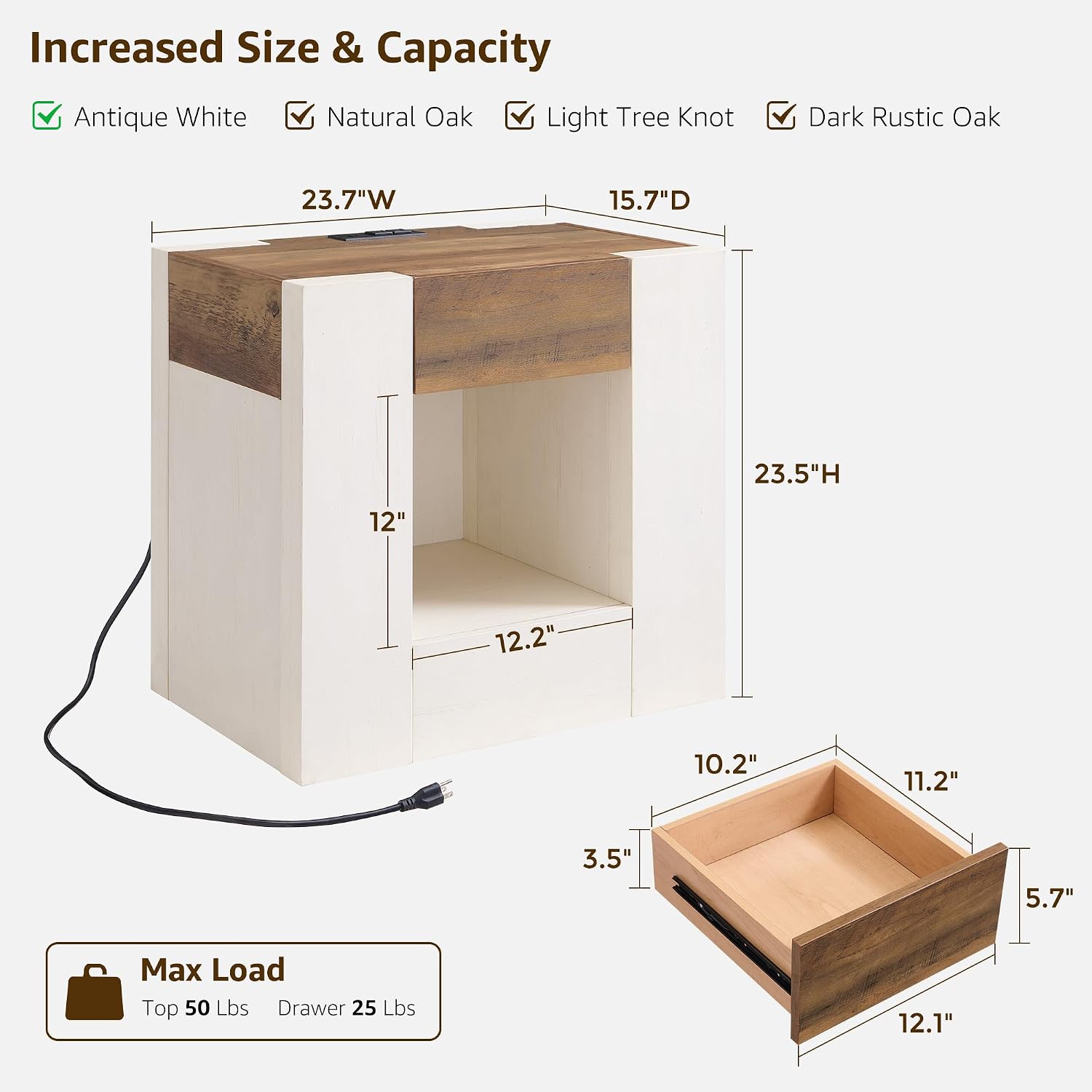 OKD 24" Wide Modern Nightstand, Wood Night Stand with Charging Station & Hidden Drawer, Side Table Bedroom with Storage Shelf, End Table, Antique White