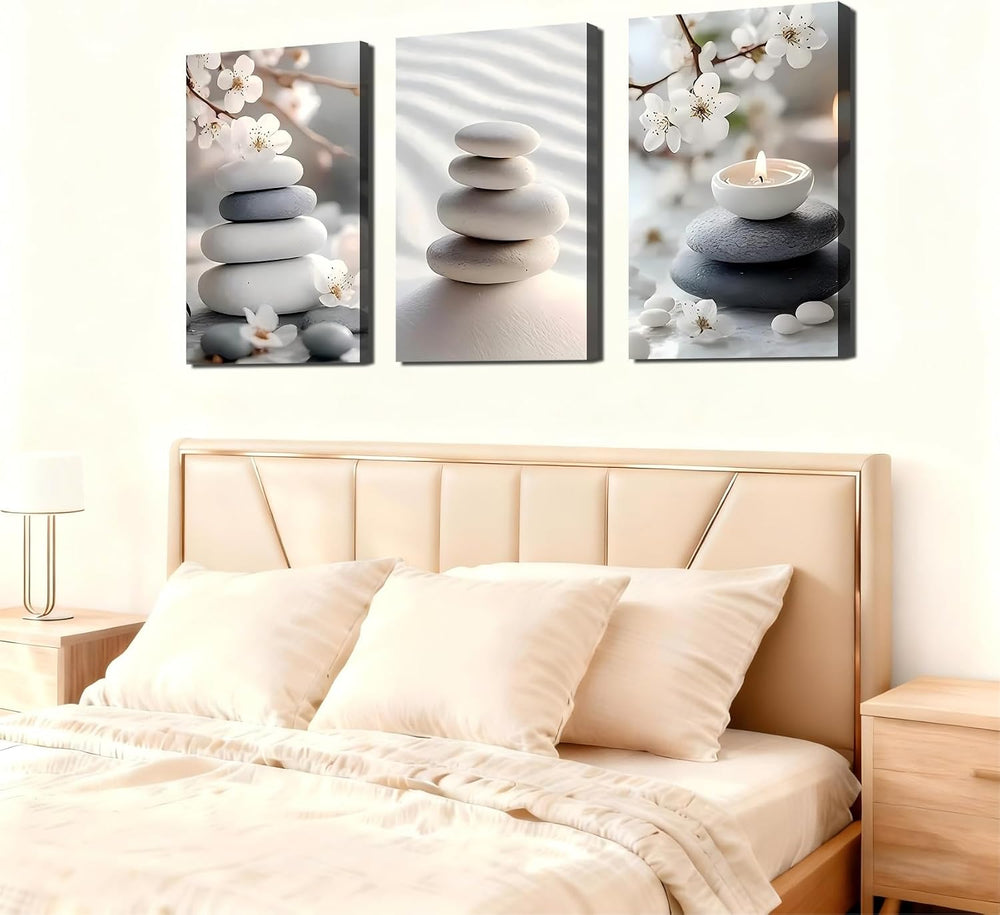 3 Panel Framed Canvas Wall Art - Calming Zen Wall Decor, Neutral-Tone Stone &...