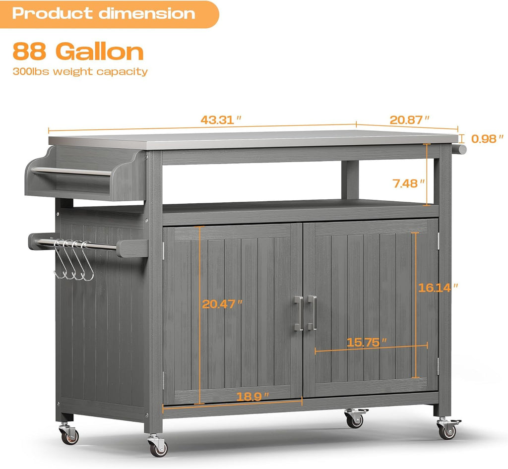 FUQARHY 43.3-Inch Solid Wood Outdoor Kitchen Island with Storage Cabinet, Grill Table with Stainless Steel Top, Outdoor Cooking Prep Station with Lockable Wheels for Backyard, Patio, Party (Gray)