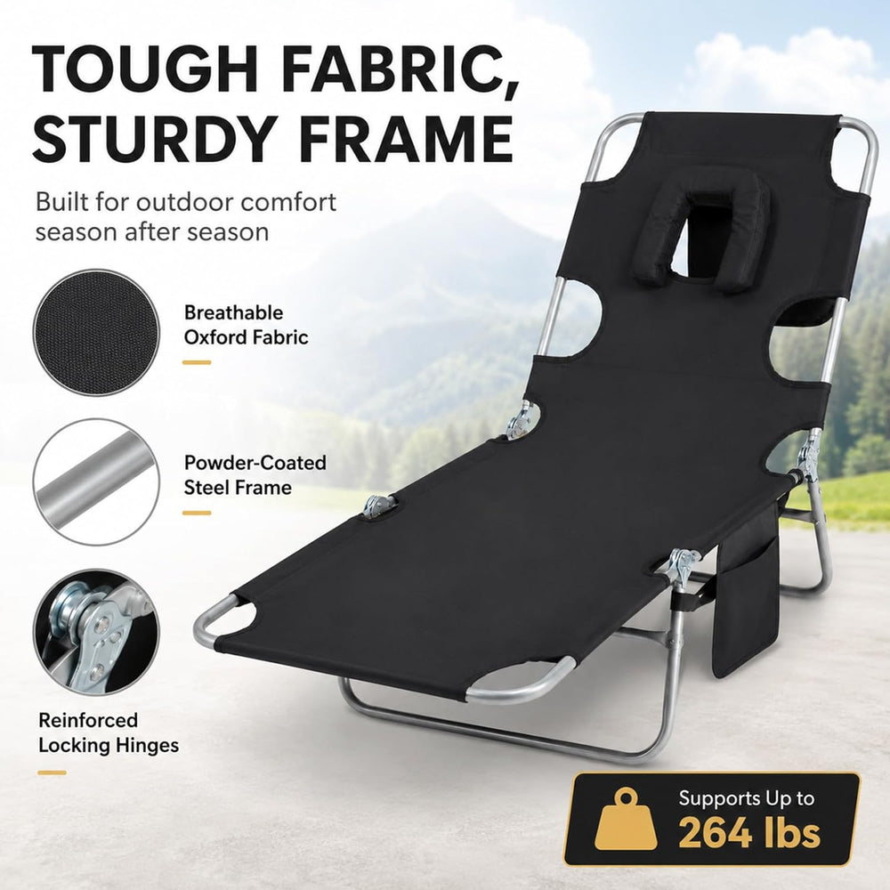 Tanning Chair, Folding Beach Lounge Chair with Face Hole and Arm Slots, 5-Pos...