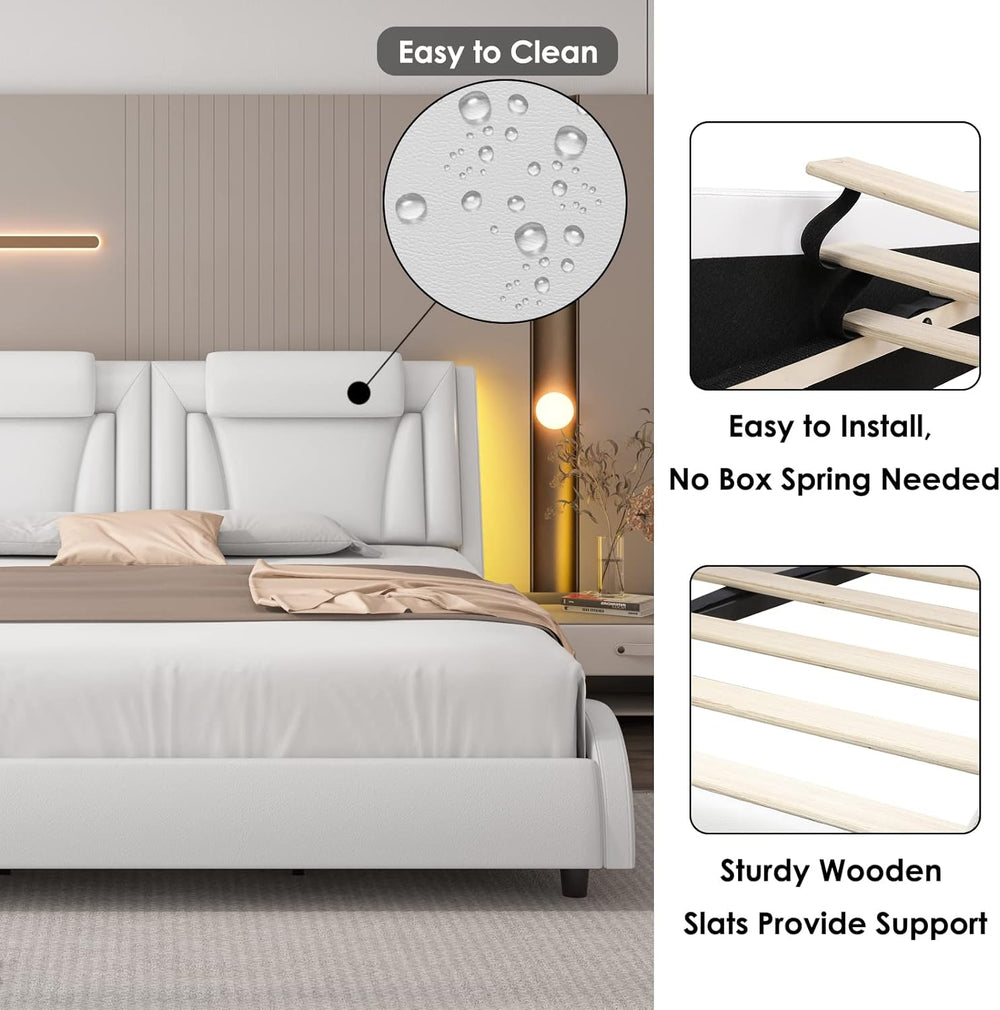 Keyluv King LED Upholstered Bed Frame with Adjustable Headboard, White