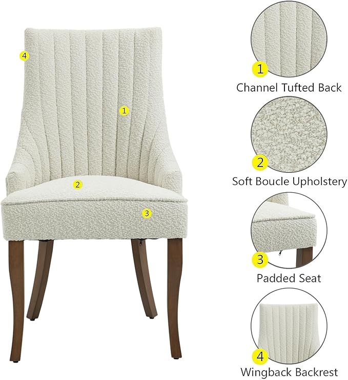 mikibama Boucle Dining Chairs Set of 6 Channel Tufted Kitchen Dinner Chair Comfy Teddy Fabric Upholstered Accent Chair for Dining Room with Solid Wood Legs (Off White 6pc)