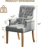 Fabric Dining Chair with Arms, Upholstered Tufted High Back Dining Room Chairs, Accent Armchair with Solid Wood Leg and Nailhead Trim, Kitchen Dining Living Room, Light Grey