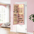 Giantex Wall Door Mounted Jewelry Armoire Cabinet with 47.5" Full Length Mirror, 2 LEDs Lockable Jewelry Organizers and Storage, Over the Door Jewelry Organizer Cabinet with 2 Drawers (Light Pink)