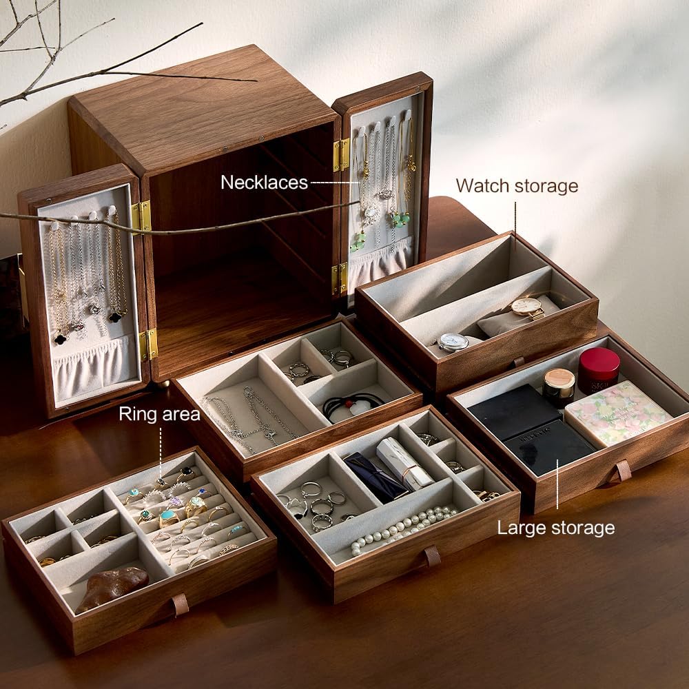 Double Door Jewelry Box, Black Walnut Jewelry Storage with Velvet Lining | 5-Layer Wooden Organizer with Magnetic Closure for Birthday, Wedding