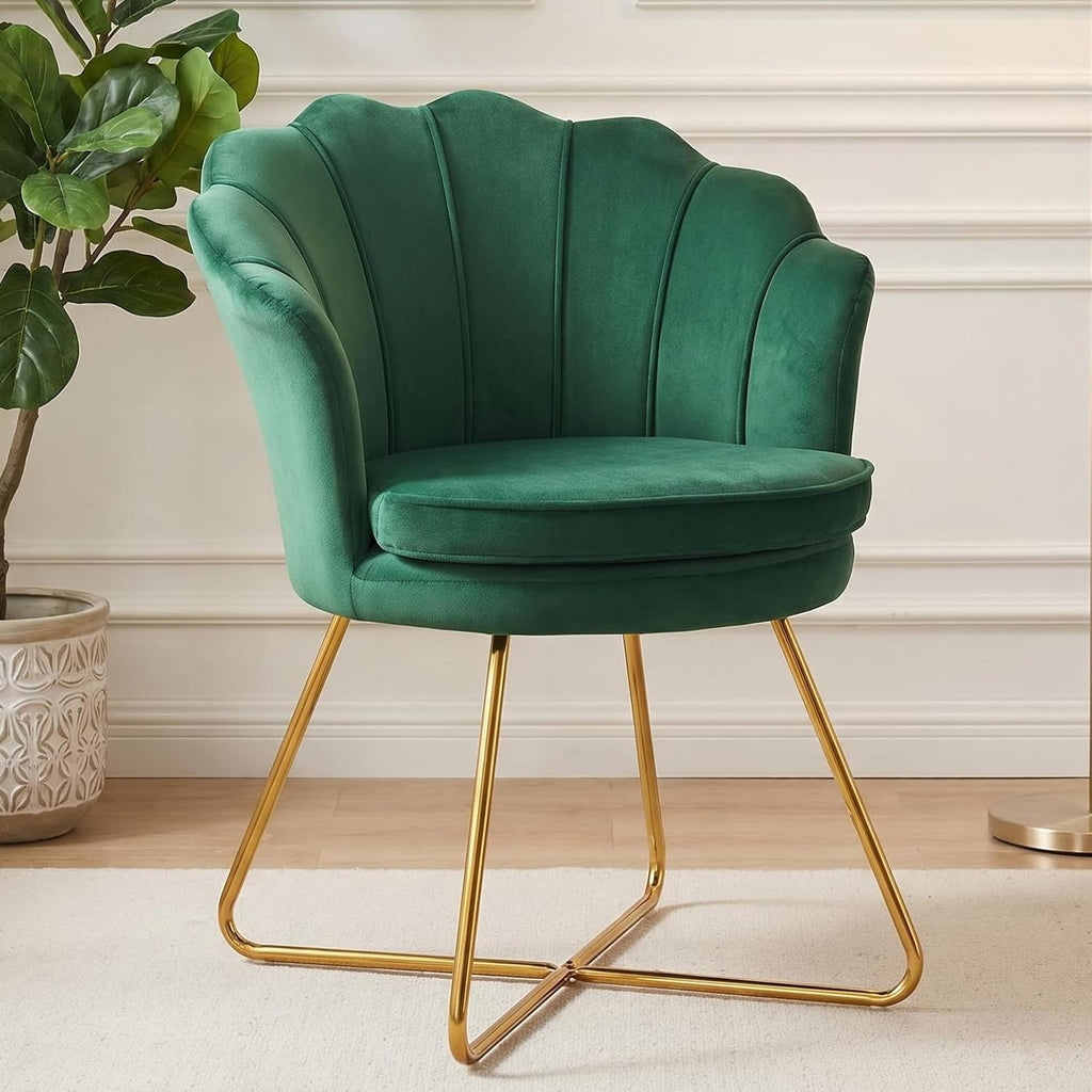 Furnimart Vanity Chair with Back, Shell Accent Chair for Living Room, Criss Cross Chair with Gold Legs, Makeup Chair for Bedroom Desk Chair no Wheels, Velvet Green