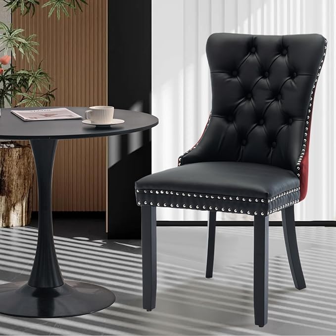 3-Pieces 31.5" Round Dining Table Set for 2, Black Dining Table & PU and Velvet Upholstered Dining Chairs Set of 2 for Kitchen Dining Room Apartment Small Space(Wine Red &Black Chairs)
