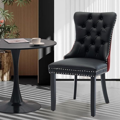 3-Pieces 31.5" Round Dining Table Set for 2, Black Dining Table & PU and Velvet Upholstered Dining Chairs Set of 2 for Kitchen Dining Room Apartment Small Space(Wine Red &Black Chairs)