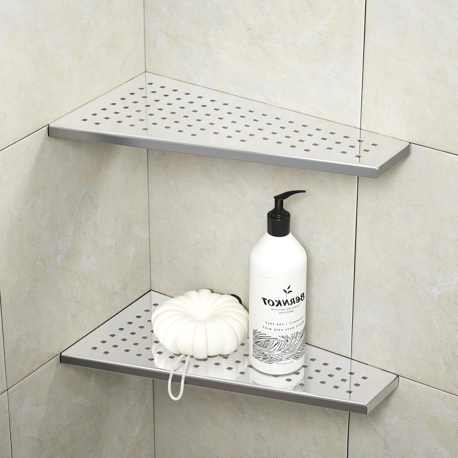 Corner Shower Shelf 12" Polished 304 Stainless Steel Recessed Trapezoid Grout in Shelves with Grid Design Bathroom Shelf Racks for Tiled Wall, 2 Pack