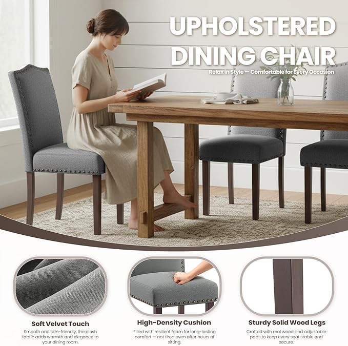 COLAMY Grey Upholstered Parsons Dining Chairs Set of 6,Comfortable Foam Seat, Classic Nailhead Trim, Solid Wood Legs, Stable & Easy to Assemble for Dining Room, Kitchen, Living Room & Café