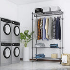 BATHWA Rolling Garment Rack with Adjustable Wire Shelf, 3 Tired Clothes Rack including 1 Clothes Hanging Bar, 1 Roating Hanger Hooks - Hold Up to 400Lbs (Black, 1Rod 1Hook)