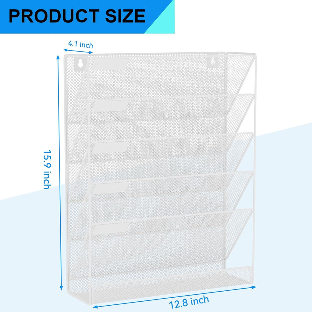Wall File Organizer Holder Mesh Hanging Paper Document Holder,Vertical 6 Pocket Tier for Office Home, White