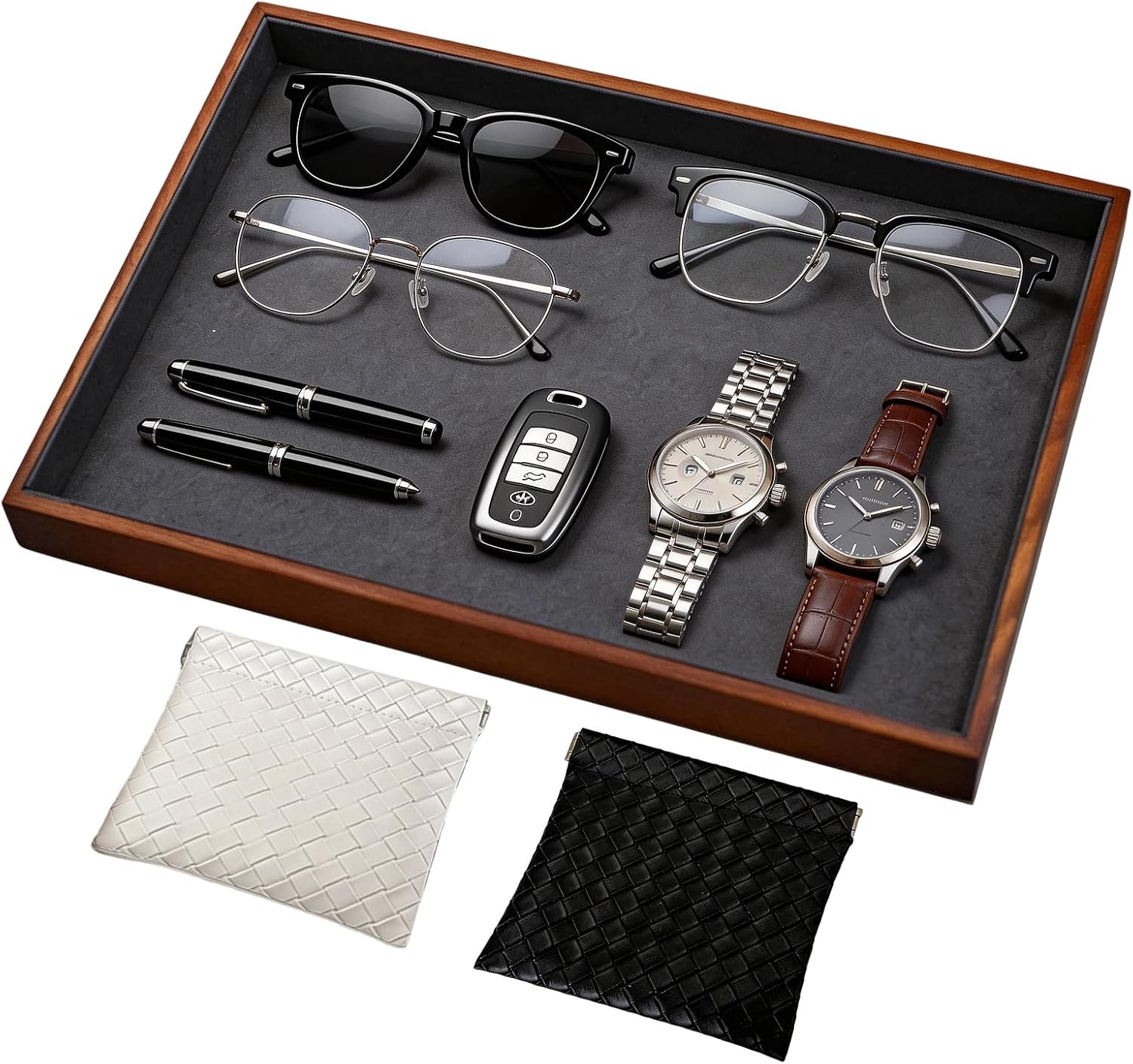 Large Solid Wood Jewelry Watch Tray, Velvet Jewelry Board Display Trays for Key Wallet Ring，Stackable Wooden Jewelry Drawer Organizer Showcase Jewelry Holder(Grey)