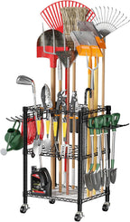 T1 Garden Tool Organizer（With Lockable Wheels）Heavy Duty Garage Tool Storage for Yard，Shed，Outdoor and Lawn，Freestanding Tool Organizers and Storage UP to 50 Tools，Black with Anti-Tip Device