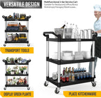 TUFFIOM 3-Tier Plastic Service Utility Cart with Wheels, Heavy Duty 390lbs Capacity, Commercial Rolling Ideal for Restaurant, Foodservice, Office, Warehouse, Black 34.8''L x 17.4''W x 38.6''H