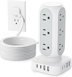Tower Surge Protector Power Strip, 10FT Extension Cord with Multiple Outlets, Flat Plug Outlet Extender with 12 AC Outlets & 8 USB Ports, 24W Total Charging Station for Home Office Dorm Room