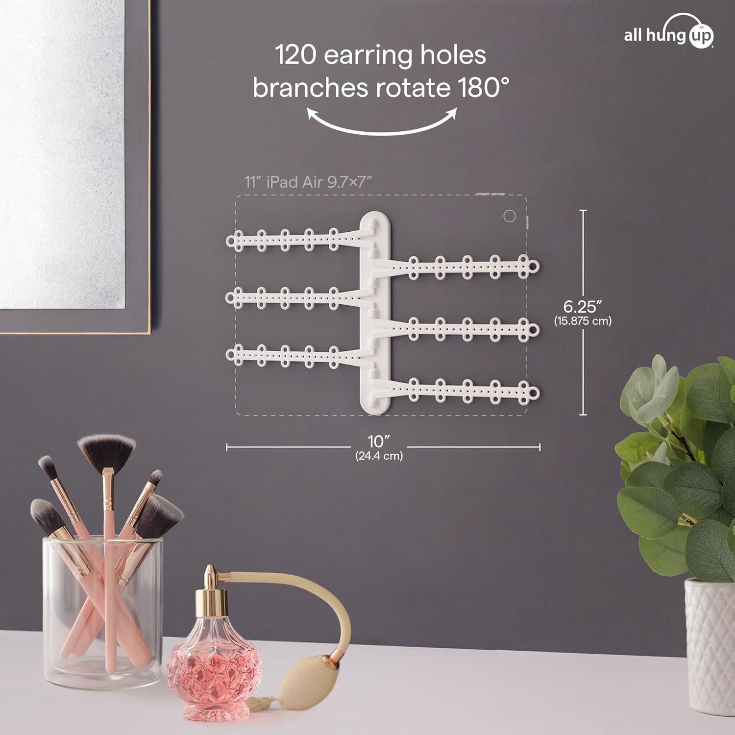 All Hung Up 6-Tier Wall Jewelry Organizer–Jewelry Holder for Necklaces, Earrings, Rings & Bracelets, Rotating Branches Wall Mounted Jewelry Organizer 120 Earring Holes, No-Drill Installation (White)