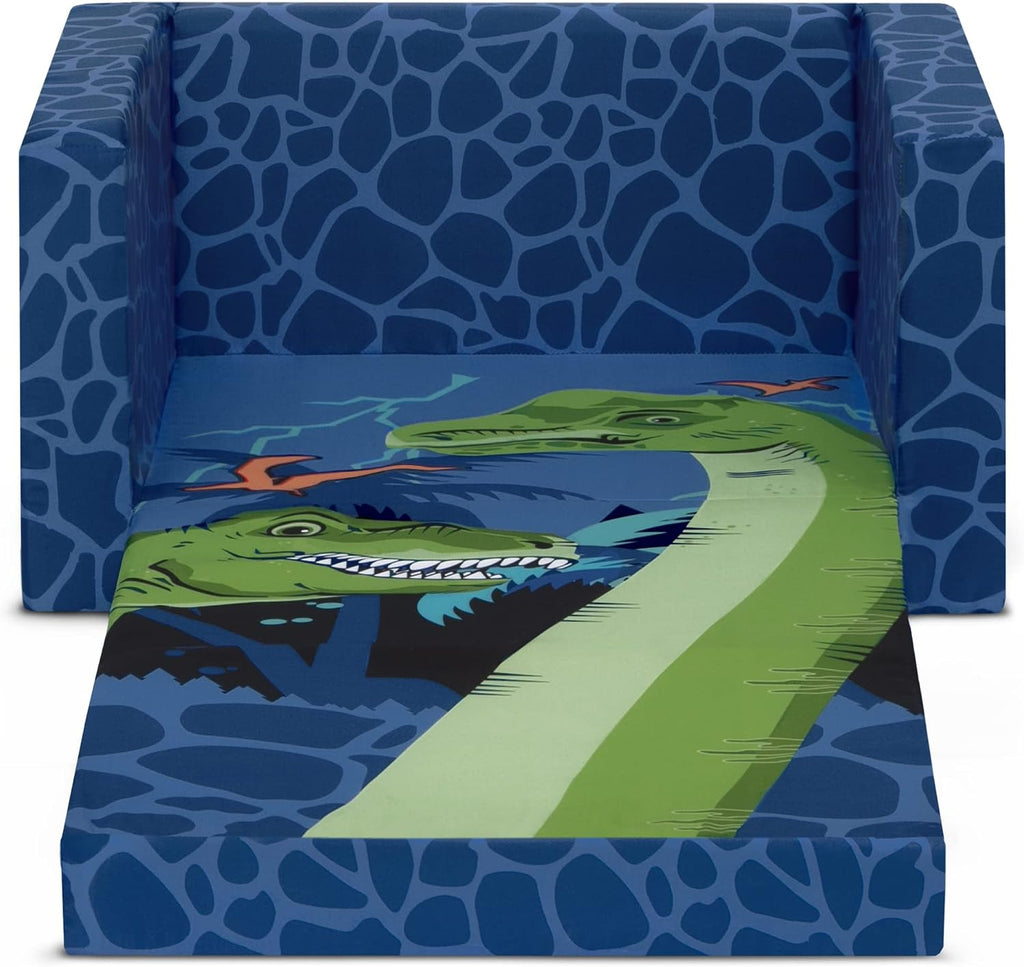 Delta Children Cozee Kids Couch 2-Seater Kids Sofa, Convertible 2-in-1 Flip Open Toddler Couch Sleeper, Foam Chair for Playroom & Bedroom, Bed Lounger, Comfy Play Sleeping Lounge Chair, Dinosaur
