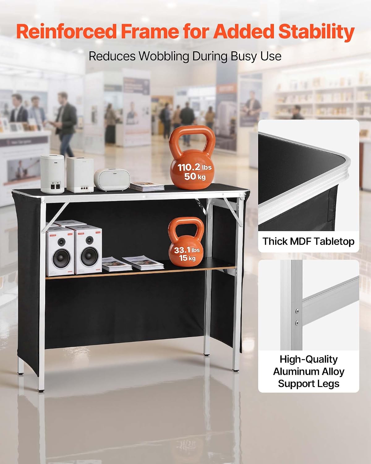 VEVOR Folding Portable Bar Table, 43.3 x 15.4 x 34.6 in, with Carry Bag, Storage Shelf, and Detachable Skirt, Quick and Easy Setup, Foldable Mobile Bartending Station for Events, Party, Tradeshow
