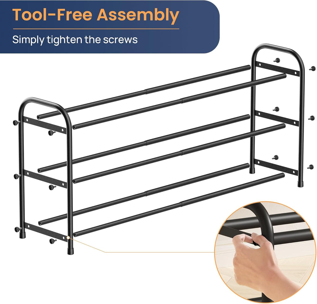 ENJOYBASICS 3 Tier Expandable Shoe Rack for Closet, Free Standing Metal Shoe Shelf Storage Organizer Holder 12 Pairs, Adjustable Width Shoe Rack for Entryway Small Space, Black