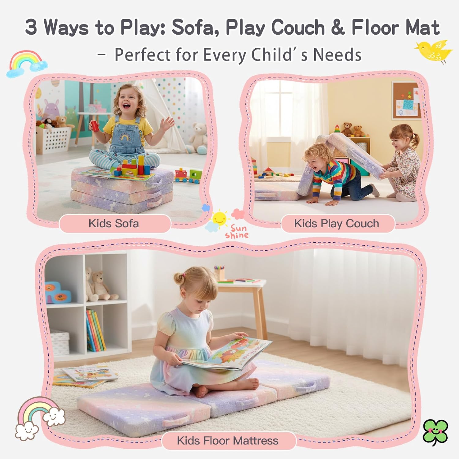 Tiita Foldable Floor Mattress for Kids-Glow in The Dark Toddler Nap Mat with Storage Bag, Portable Toddler Floor Pad for Travel, Daycare, Camping, RV, Playroom, Twill Pegasus
