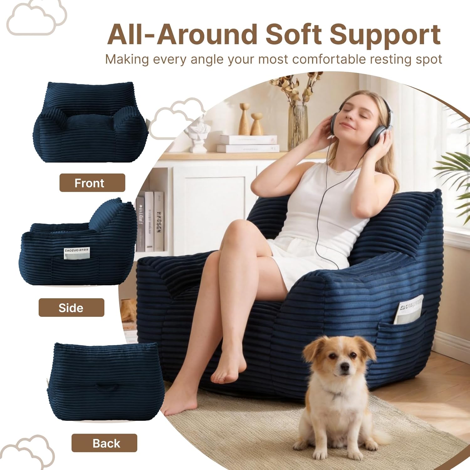 Bean Bag Chair for Adults & Kids, Giant Bean Bag Sofa with Side Pocket, Corduroy Beanbag Chair with Armrests, Comfy Stuffed Floor Sofa for Living Room Bedroom Dorm, Blue