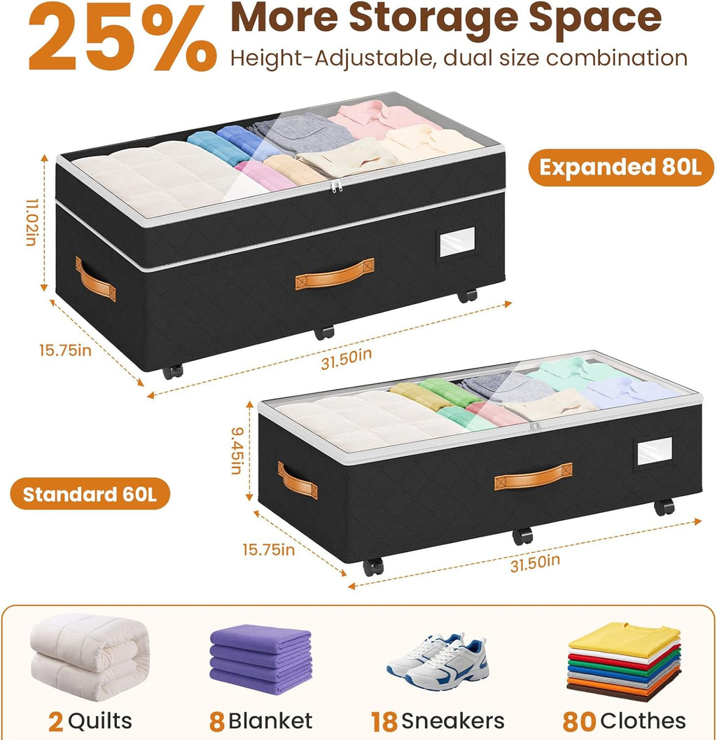 80L 2 Pack Adjustable Under Bed Storage with Wheels | Underbed containers with clear lids, rolling under bed shoe storage organizer for dorm home clothes, blankets, toys, black
