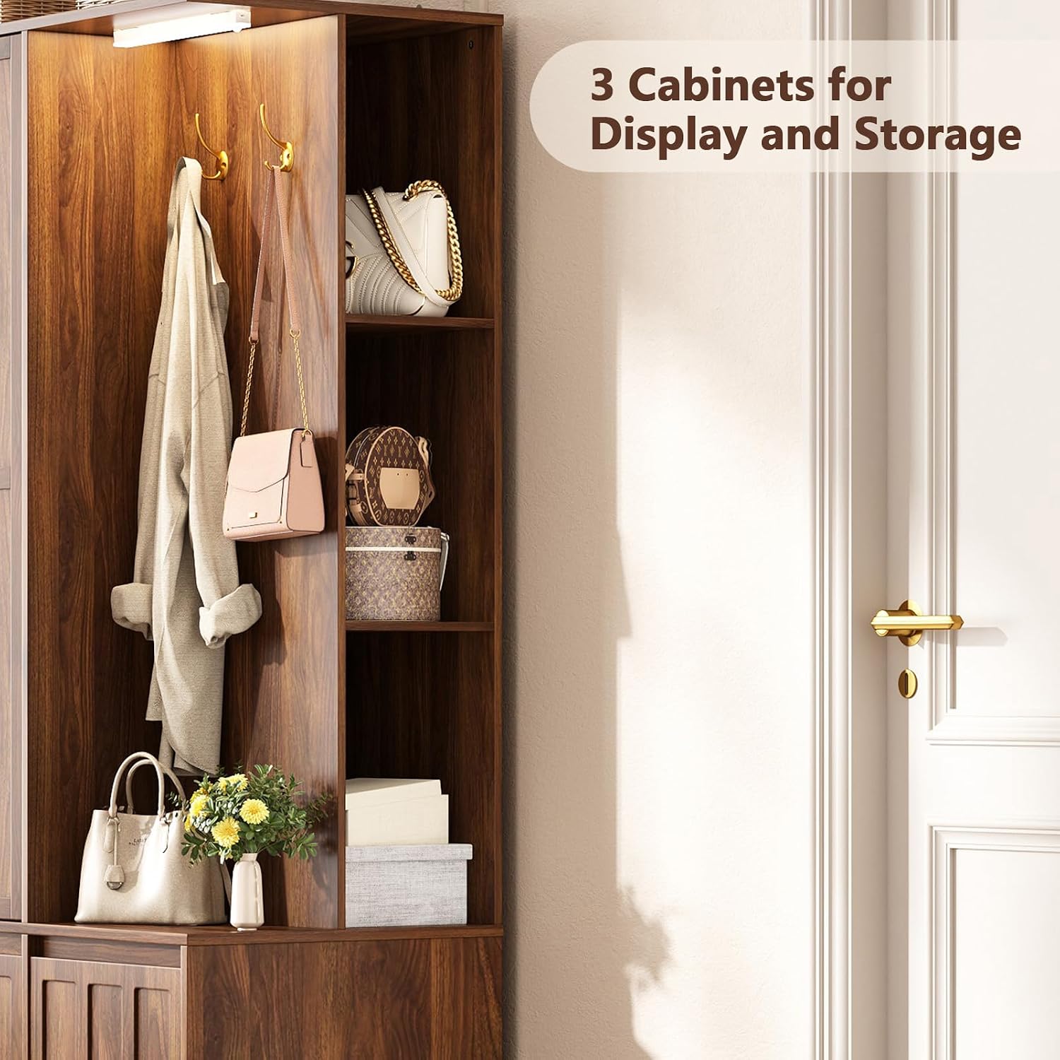 Armoire Wardrobe Closet with 2 Drawers, 3 Open Shelves, Sensor Light, 71” Tall Bedroom Armoire with Hanging Hooks and 2 Doors, Modern Fluted Wooden Closet Combination with Large Storage, Walnut