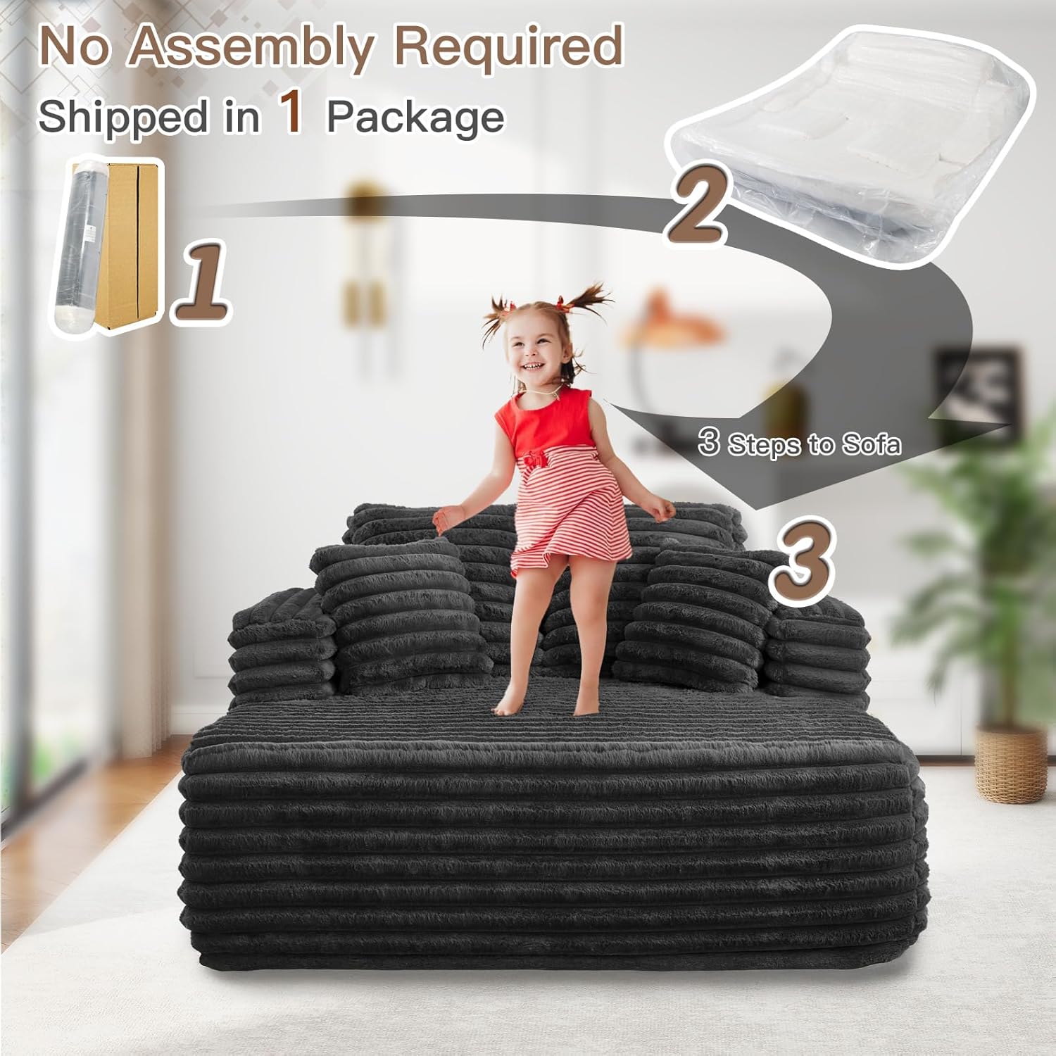 56" Oversized Chaise Lounge Chair Indoor,Plush Faux Fur Sleeper Sofa Couch Bed with Pillows&Wide Armrests,Fluffy Comfy Cloud Couch,Compression Foam Couch for Living Room,Bedroom(Black)