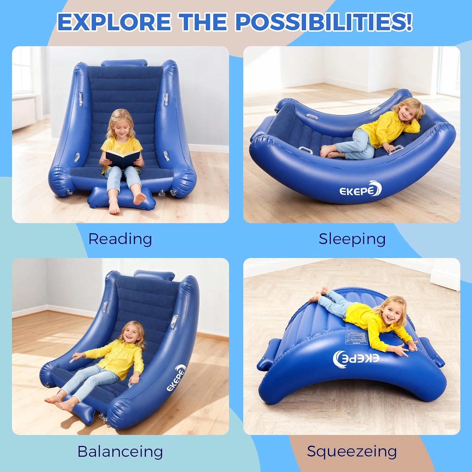 Sensory Rocking Chair for Kids, Inflatable Sensory Rocker with Electric Air Pump for Autistic ADHD Children, Air Cloud Autism Chair - Soft, Comfy & Heavy Duty - Blue
