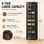 UFORU 9-Tier Black Foldable Shoe Rack,18-Pair Organizer with Magnetic Doors | Dustproof Enclosed Storage with Clear Magnetic Doors,Easy to Assemble for Closets,Entryways,Bedrooms ,Large Boxes