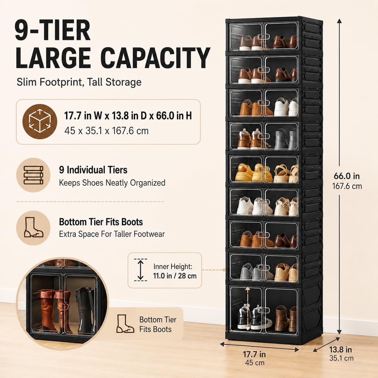 UFORU 9-Tier Black Foldable Shoe Rack,18-Pair Organizer with Magnetic Doors | Dustproof Enclosed Storage with Clear Magnetic Doors,Easy to Assemble for Closets,Entryways,Bedrooms ,Large Boxes