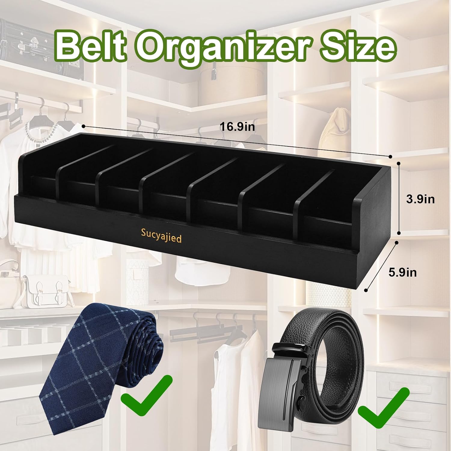Belt Organizer, Black, 7 Compartments | Bamboo Storage Box, For Closet and Drawer, Belt Holder Case, For Tie and Belt, For Men and Women