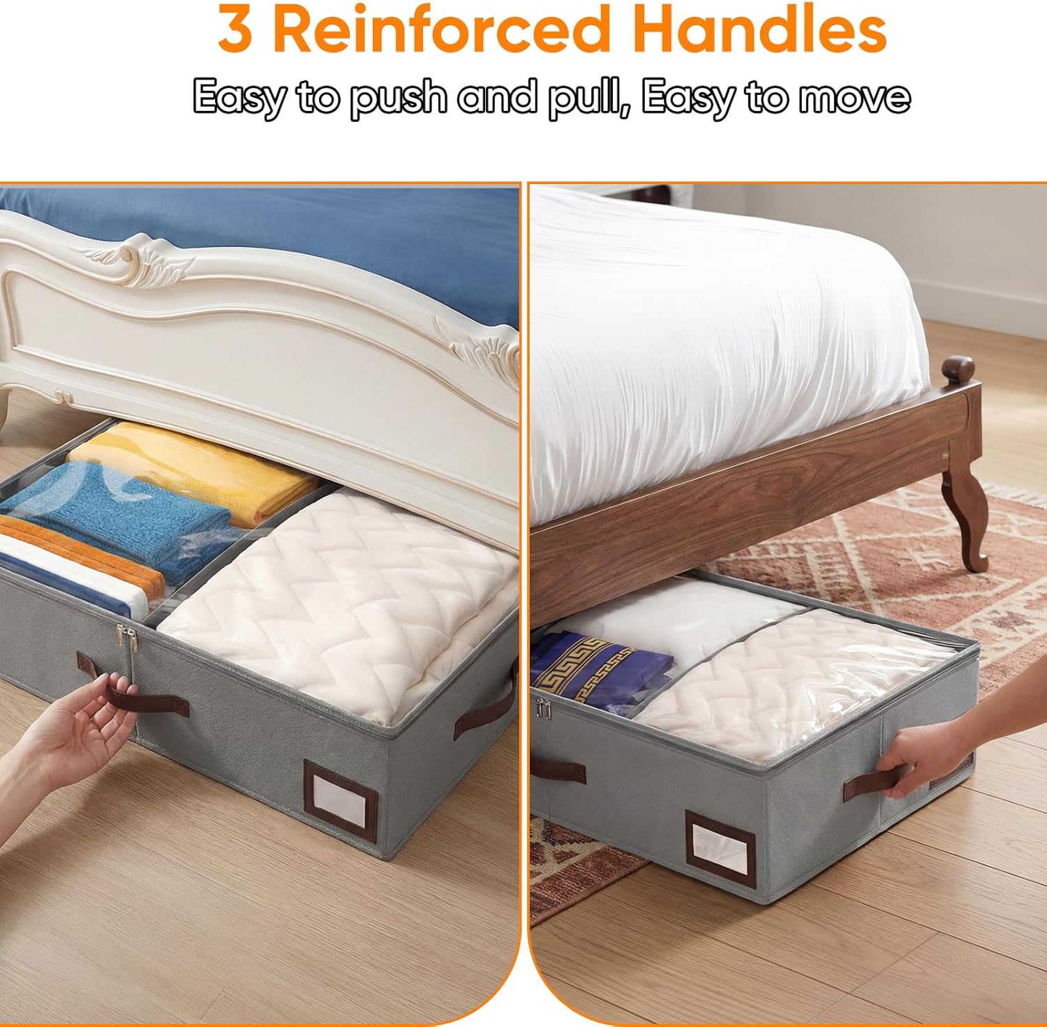 OIAHOMY 2 Pack 53L Under Bed Storage with Adjustable Dividers, 6" Low Profile Underbed Storage Bins for Comforters & Clothes, Save Closet Space with Clear View Lid & Reinforced Handles, Grey