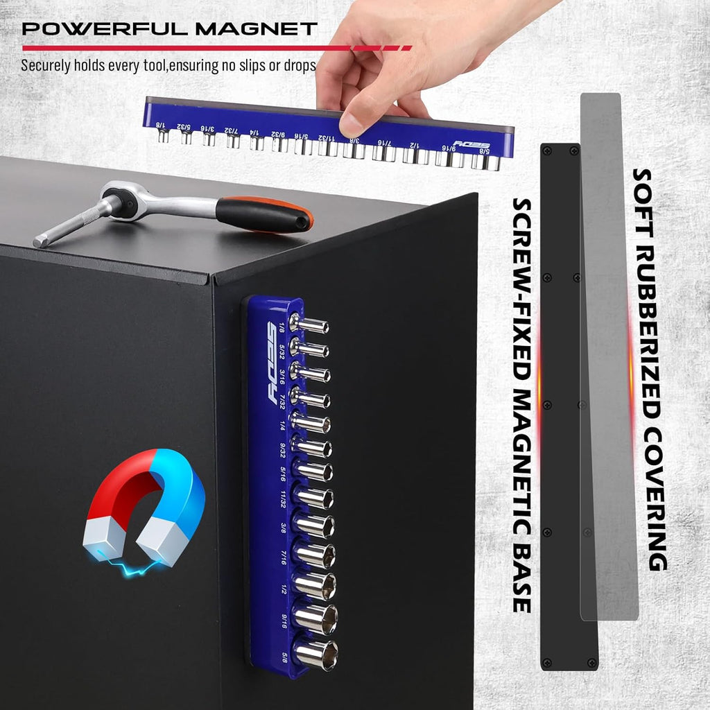 2-Piece 1/4"-Drive SAE Magnetic Socket Organizer Set (Holds 26 Sockets) - Detachable Tool Tray with 5mm Magnetic Base, Screw-Fixed Design & Heavy-Duty Modular Storage for Garage/Home Workshop